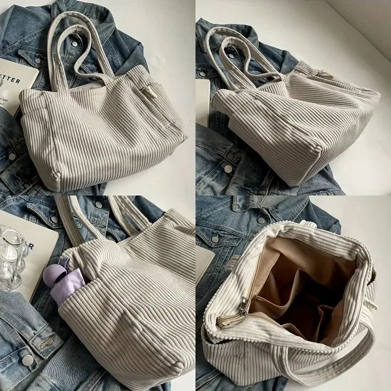 Sac à main décontracté en velours côtelé avec fermeture à glissière, léger et grande capacité, bandoulière fixe, couleur unie, sac à main de banlieue quotidien