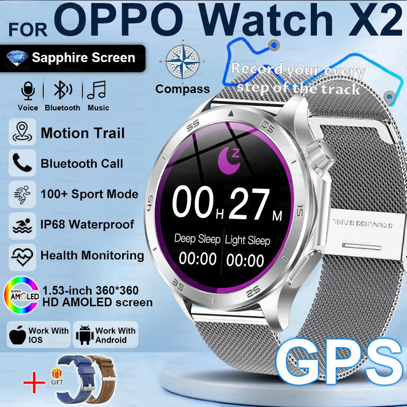 Pour OPPO X2 GPS montres intelligentes homme 360*360 AMOLED écran fréquence cardiaque Bluetooth appel IP68 étanche boussole sport Smartwatch 2025