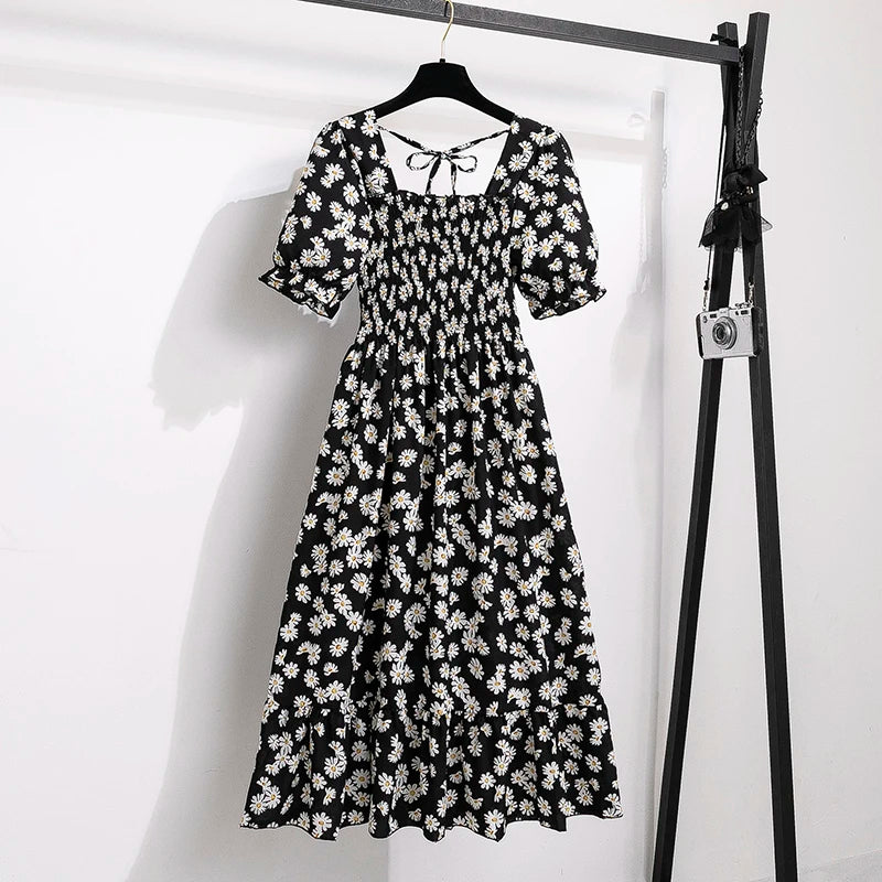 Printemps été robes en mousseline de soie mode femme taille élastique à manches courtes plissée tenue décontractée femmes robes a-ligne robes