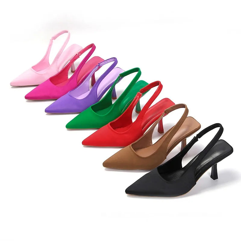 Été femmes talons sandales rouge pointu Slingback sandales chaussures vert noir violet chaton talons fête bal dames talons aiguilles
