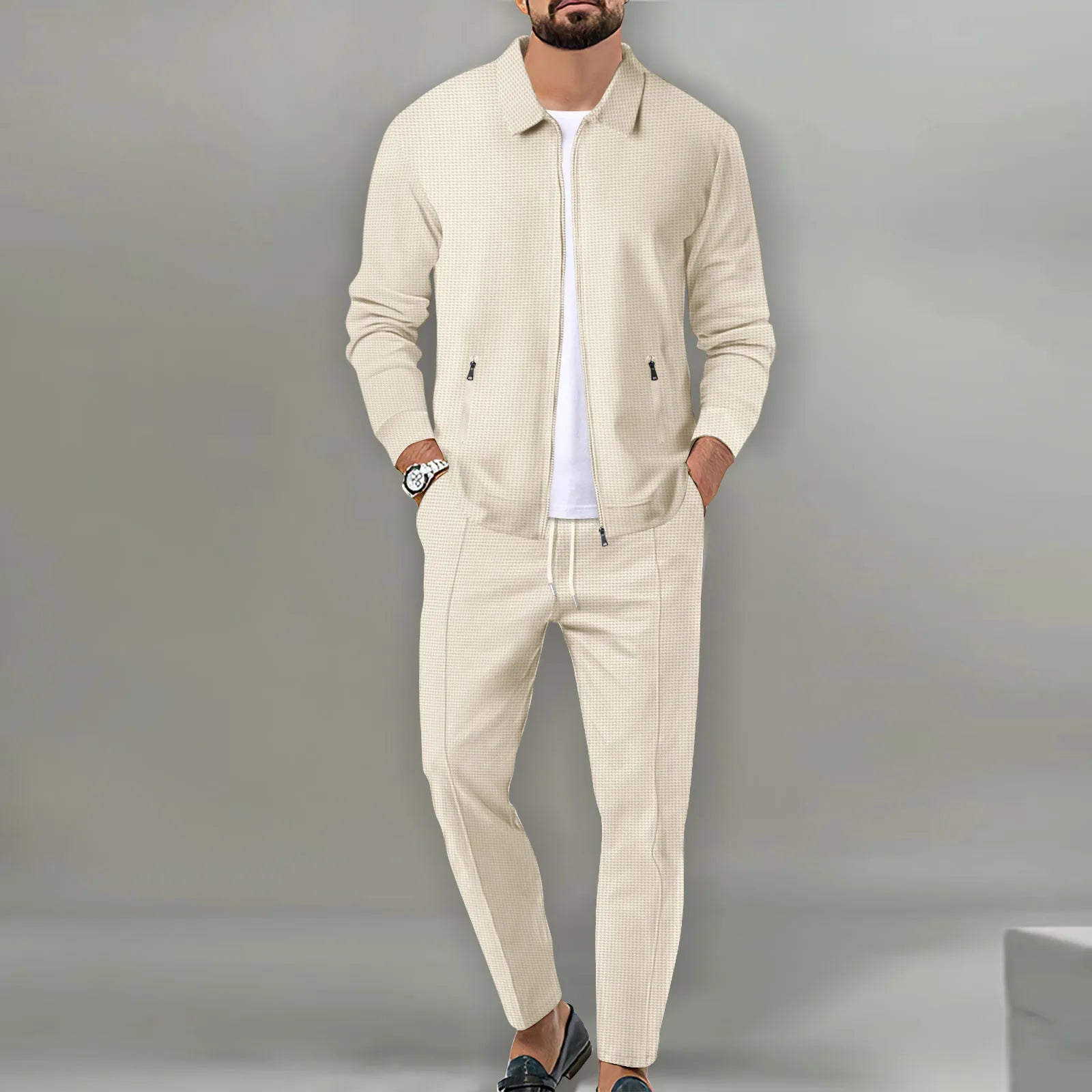New Men's Jacket POLO Shirt 2 sets Long Sleeve Casual Fashion Commercial Breathable lapel, Pants pull Rope Solid Color Men 2 set