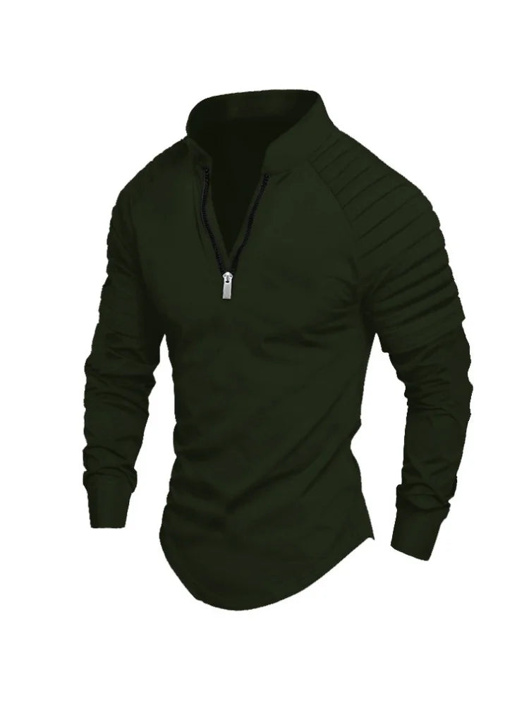 2024 Autumn men's half-zip long-sleeved Polo shirt arm pleats fashion stand-up collar top sweatshirt