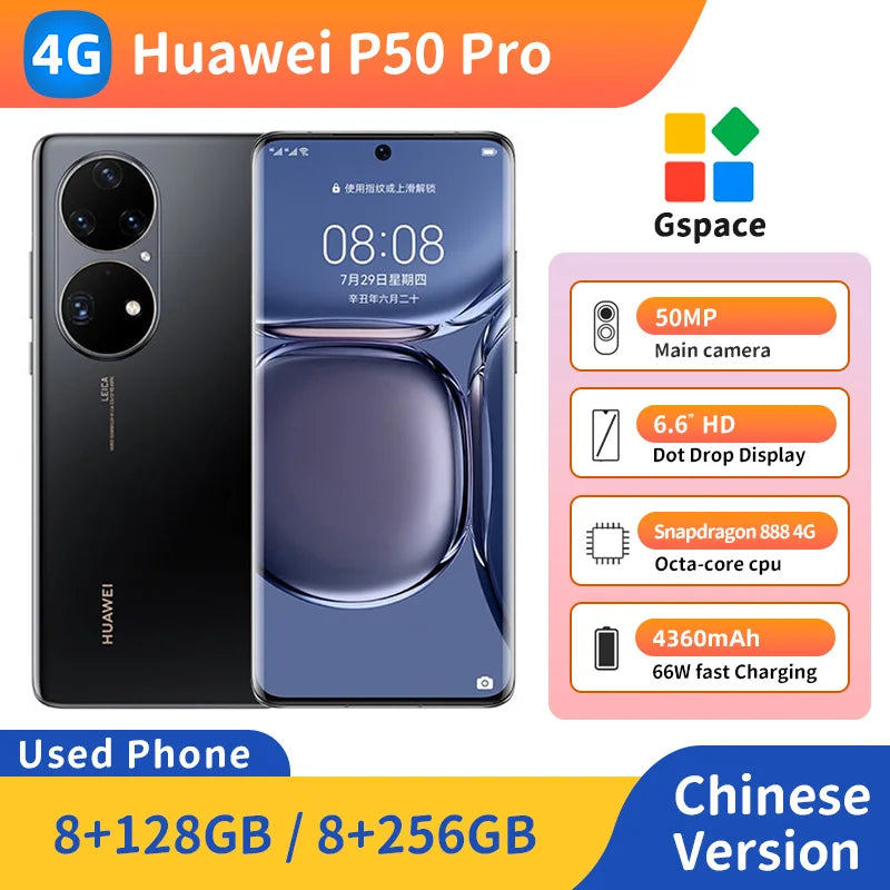 Huawei P50 Pro 4g SmartPhone CPU Snapdragon 888 6.6 pouces écran HarmonyOS 4360mAh batterie Original utilisé téléphone
