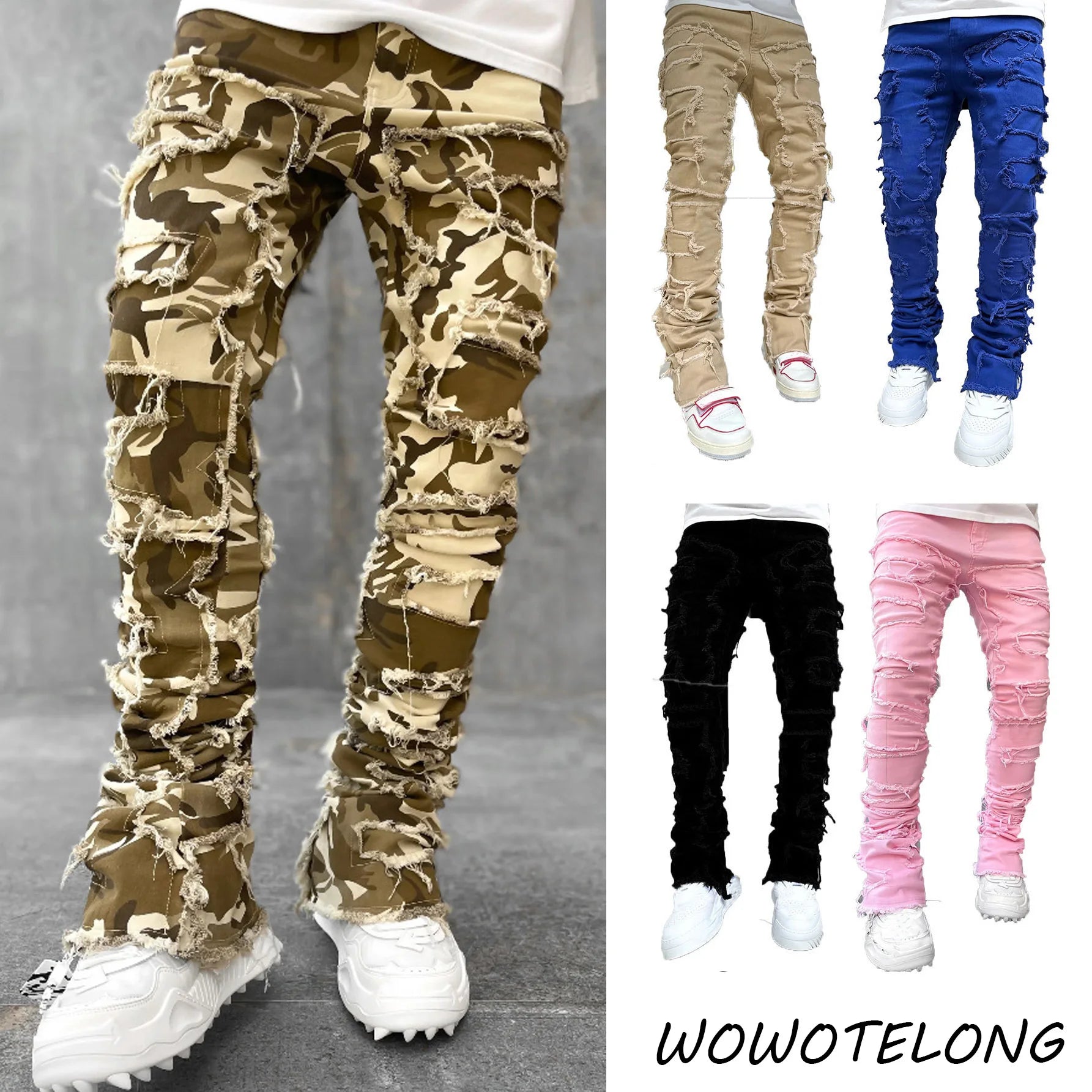 Jean empilé coupe régulière pour hommes déchiré coupe slim patch délavé Pantalon en denim droit détruit Hip Hop Pantalon streetwear tissu