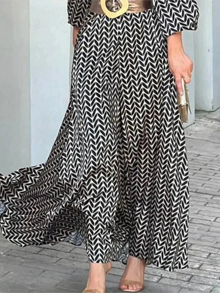 Robe Élégante Noire et Blanche pour Femme, Imprimé Vintage, Col en V, à la Mode, Loisirs, Rassemblement, Slim, Longue, Nouvelle Collection Printemps Automne 2024