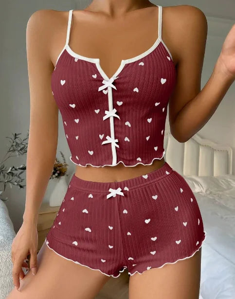 Costume de pyjama à bretelles, short, Sexy, imprimé nœud, costume en soie de lait, confortable, vêtements de maison, costume de pyjama pour femmes