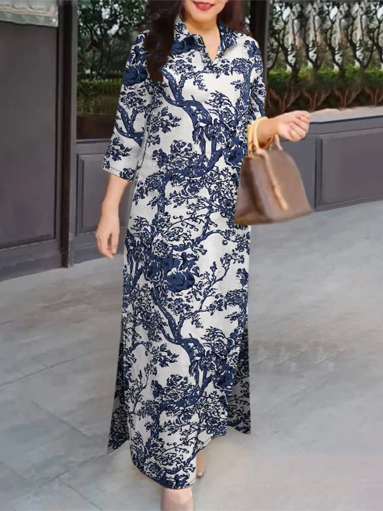 ZANZEA-Robe Longue en Coton à Revers pour Femme, Tenue Maxi Vintage à Imprimé Floral, Manches 2024, Collection Automne 3/4