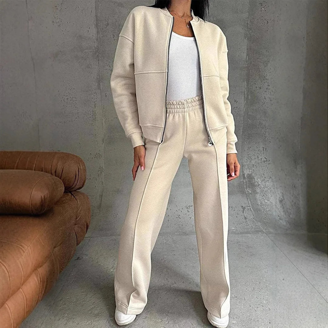 Autumn Winter Fashion Zip Jacket Wide Leg Pants Two Piece Set  2025 Women Casual Long Sleeve Top Sweatshirt Pants Loose Sets