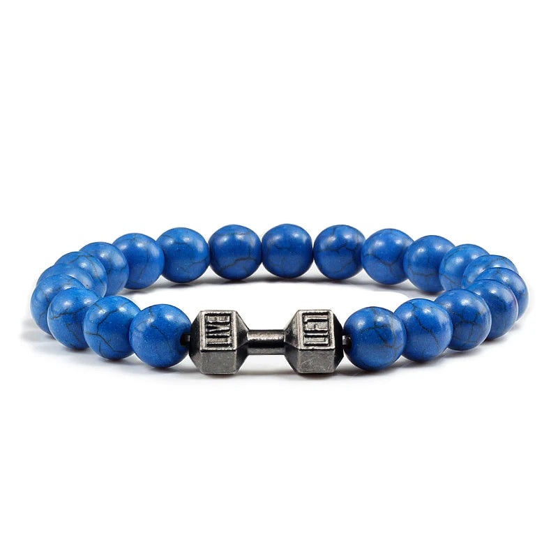 Bracelet en pierre volcanique naturelle Hommes Noir mat Lave Blanc Perles Breloque Haltère Brins Bracelets Femmes Barre Fitness Bijoux