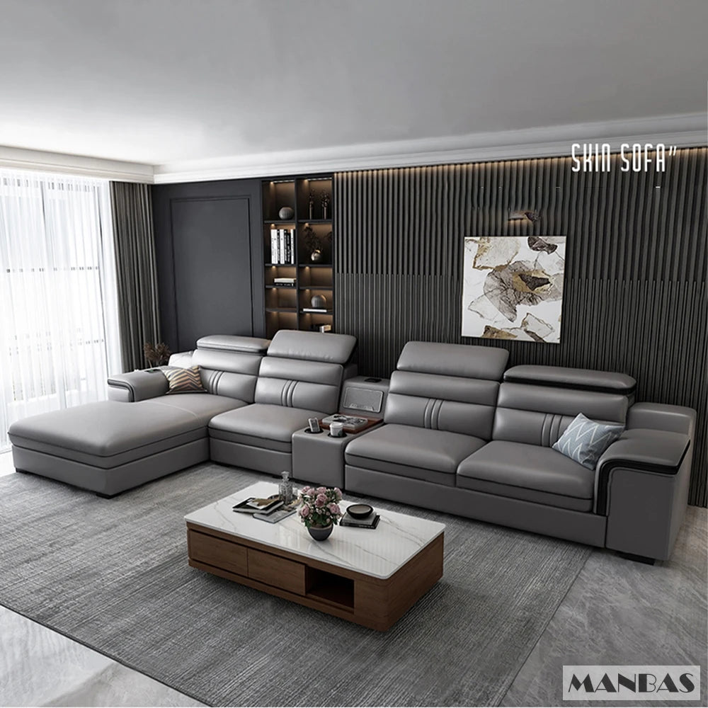 MINGDIBAO Leather Sectional Sofa Set with Cup Holder, USB, Adjustable Headrests & Bluetooth Speaker Living Room Couch with Stool