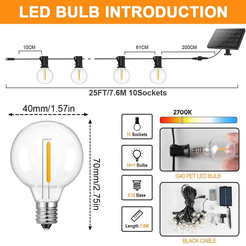 Guirlande solaire G40 lumières de Patio avec ampoules LED incassables guirlande de Camping résistante aux intempéries lumières suspendues pour jardin Bistro