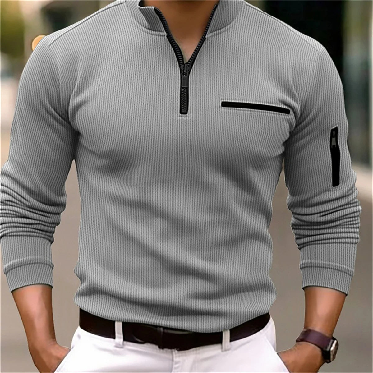 Men's Spring and Autumn Sports Casual Tooling Style Solid Color Striped Arm Zipper Splicing Fake Pocket Long Sleeve POLO Shirt