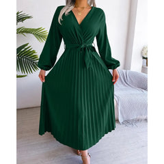2025 femmes automne nouveau vert à manches longues robe couleur unie à lacets croix col en v grande balançoire plissée longue robe Roupas Feminina