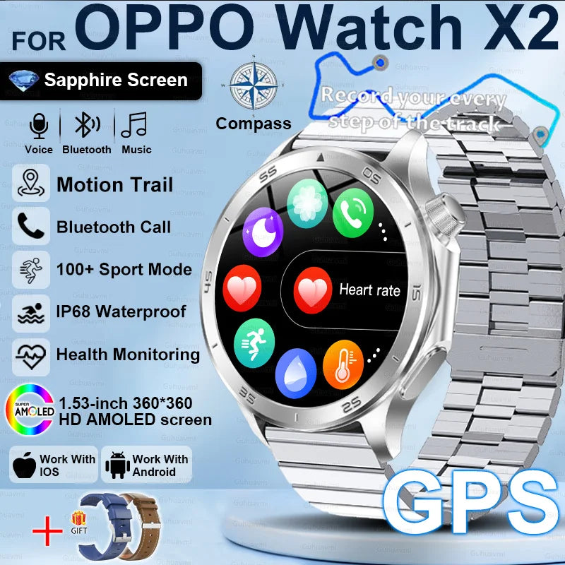 Pour OPPO X2 GPS montres intelligentes homme 360*360 AMOLED écran fréquence cardiaque Bluetooth appel IP68 étanche boussole sport Smartwatch 2025