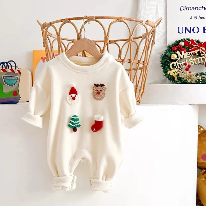 Barboteuse de noël pour bébés garçons et filles, combinaison épaisse de dessin animé père noël cerf, vêtements d'automne et d'hiver pour nouveau-nés