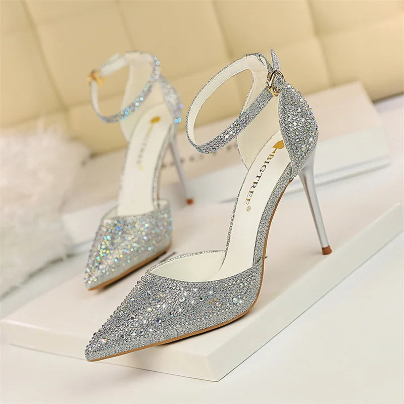 Sandales pointues à bouche peu profonde pour femmes, talons hauts creux, escarpins de mariage, champagne, or, paillettes de cristal, biscuits, Parker