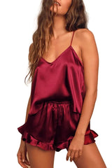 Ensemble pyjama sexy en satin de soie pour femme – Haut caraco à col en V et short à volants, lingerie de mariée, parfait pour les vêtements de nuit