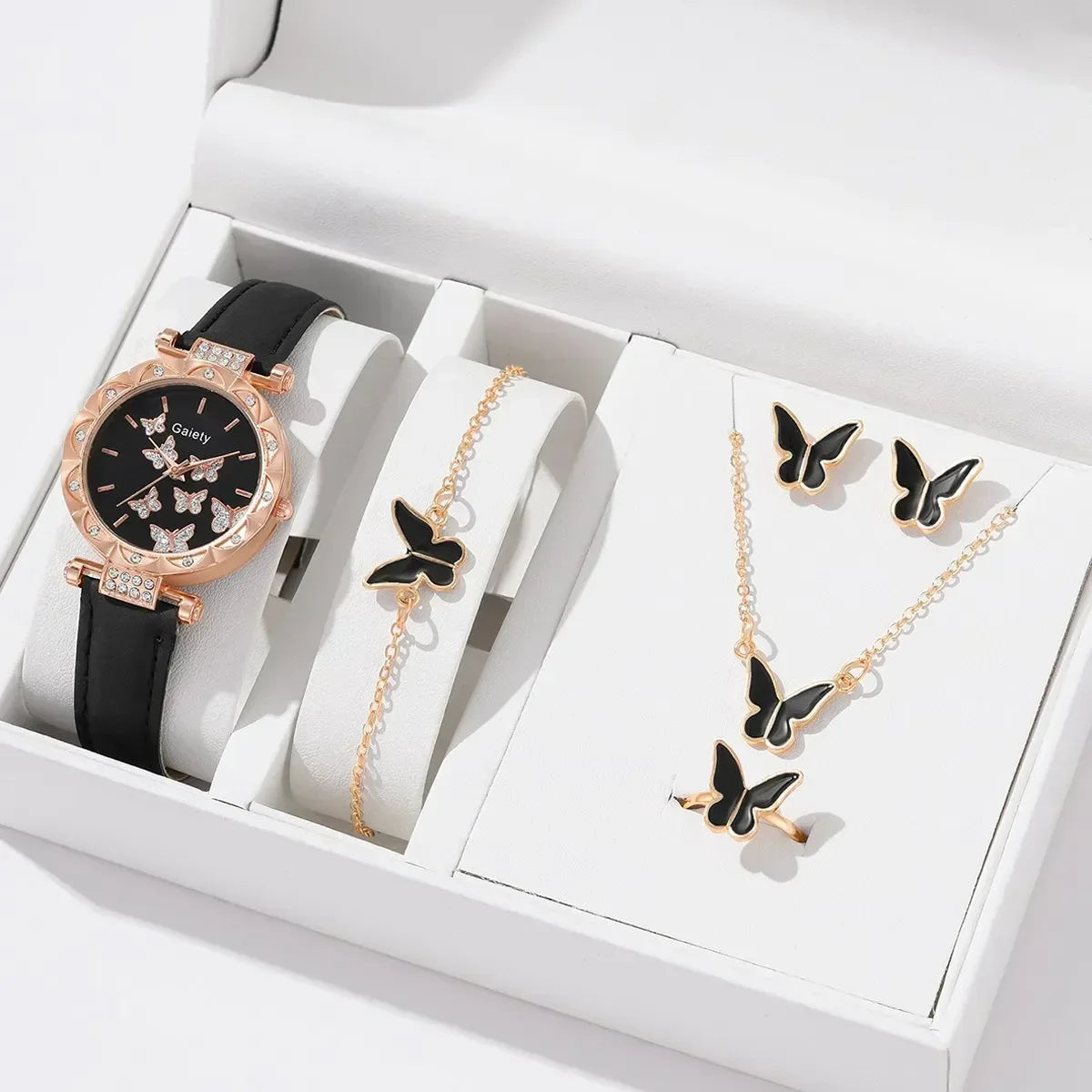 Set Femmes Montre Bague Collier Boucles d’oreilles Bracelet Ensemble Montres Papillon Bracelet En Cuir Dames Quartz Montre-bracelet (Pas de boîte)
