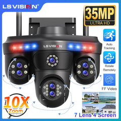 LS VISION 35MP quatre écrans WiFi caméra de sécurité extérieure sept objectifs trois PTZ 10X Zoom optique caméras suivi automatique caméra de vidéosurveillance