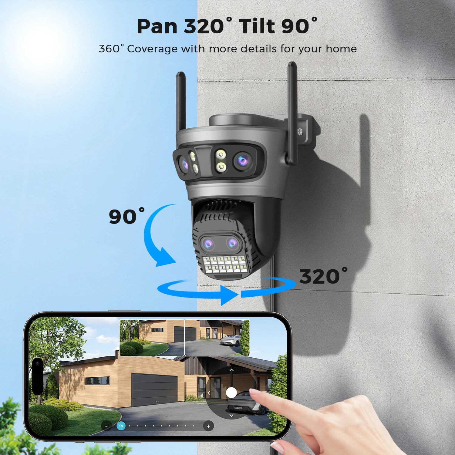 Caméra Wifi d'extérieur 20MP Caméra HD 10K à trois objectifs Caméra IP PTZ 5G Objectif zoom numérique 10X Caméra de  suivi humain AI Auto Detect Caméra de sécurité Caméra de sécurité pour la maison Caméra Wifi e
