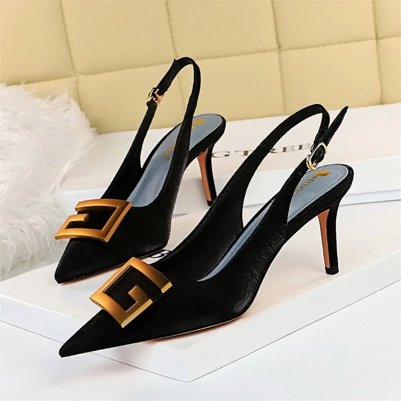 Chaussures de soirée à talons fins avec boucle carrée en métal, escarpins à bout pointu avec sangle arrière creuse, sandales à talons moyens, noir, vert et blanc