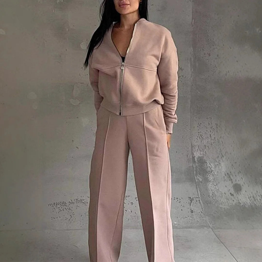 Autumn Winter Fashion Zip Jacket Wide Leg Pants Two Piece Set  2025 Women Casual Long Sleeve Top Sweatshirt Pants Loose Sets