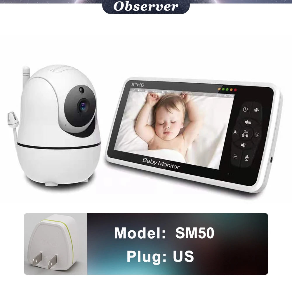 Moniteur vidéo pour bébé de 5 pouces avec caméra, zoom 4X, surveillance de la température, audio bidirectionnel, baby-sitter électronique, berceuse intégrée, SM50