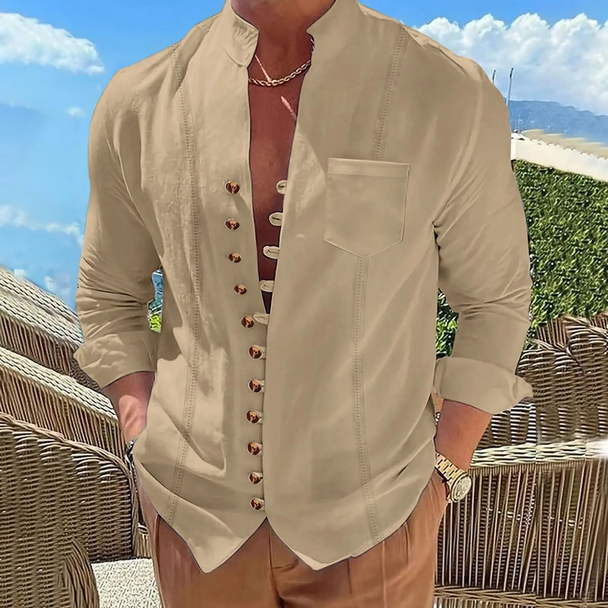 2025 Hommes nouveau coton et lin poche rétro col montant chemise à manches longues décontracté multi-boutons couleur unie rayé cardigan