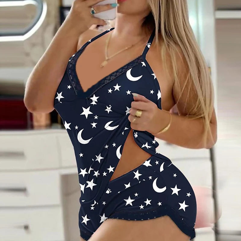 Ensemble pyjama deux pièces à bretelles assorties avec nœud de lingerie sexy
