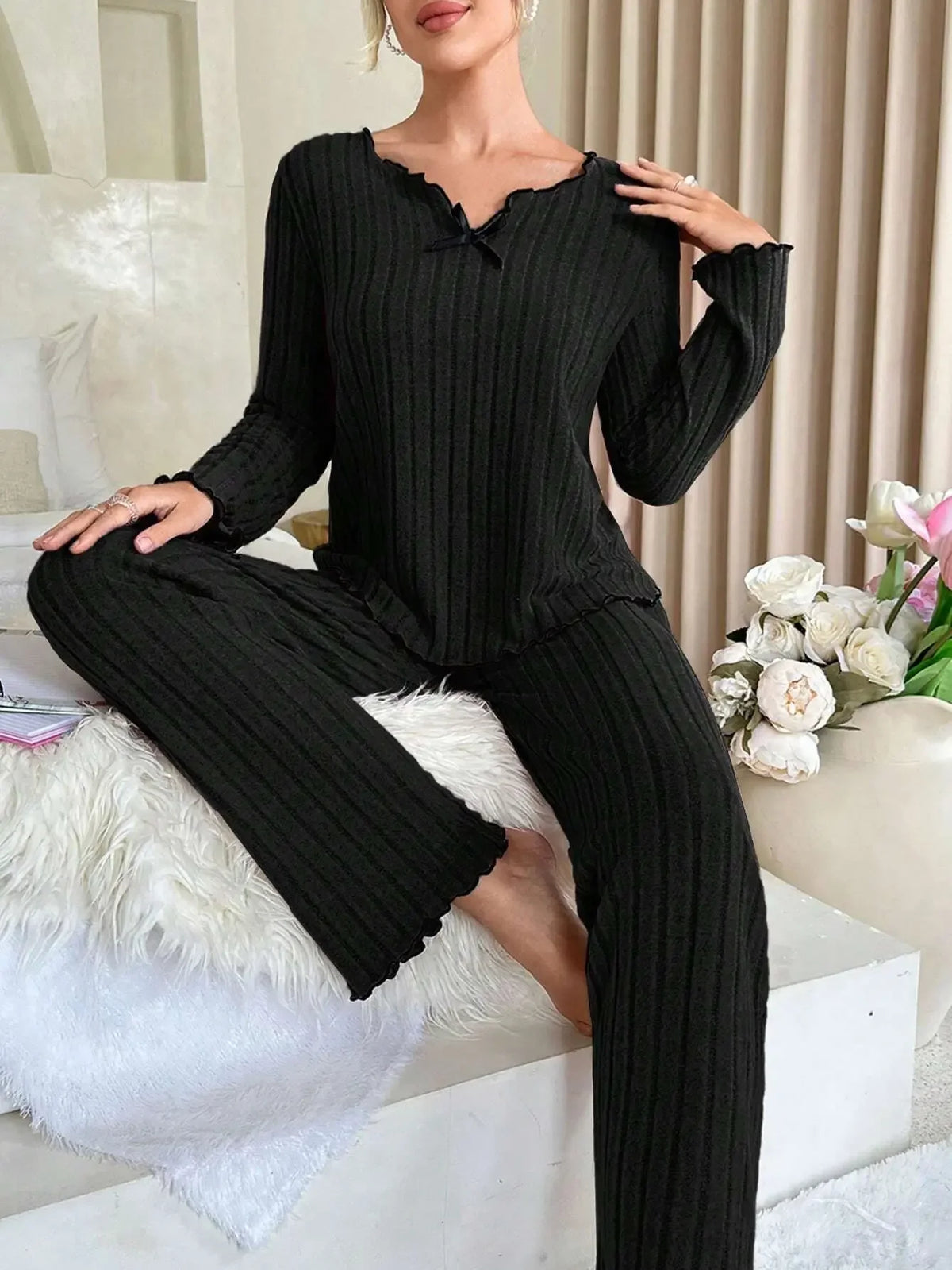 Femmes automne hiver vêtements de nuit côtelé pyjamas ensemble à manches longues haut et pantalons longs 2 pièces ensemble décontracté Homewear vêtements de détente