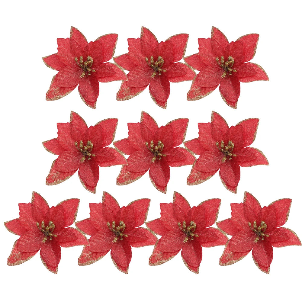 Poinsettia artificielle fleurs de noël rouge or étincelle fausse fleur pour ornements d'arbre de noël fleurs fête décor à la maison