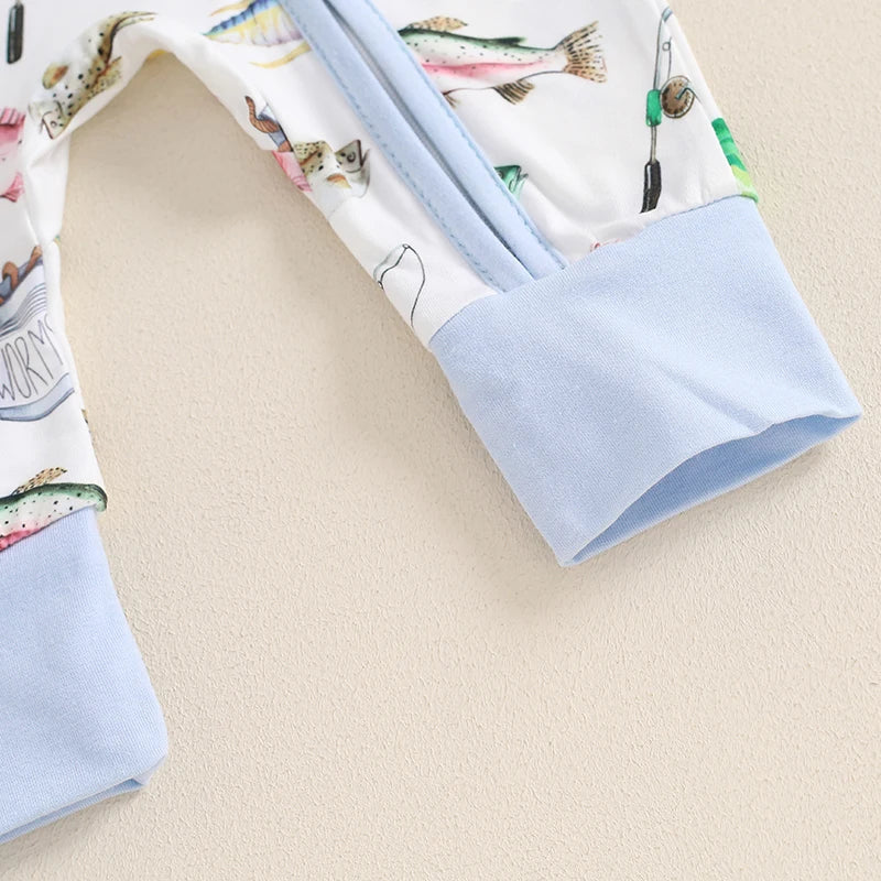 Barboteuse décontractée à manches longues pour bébés garçons, combinaison à fermeture éclair oblique, imprimé poisson, col rond, automne, 2024-05-31