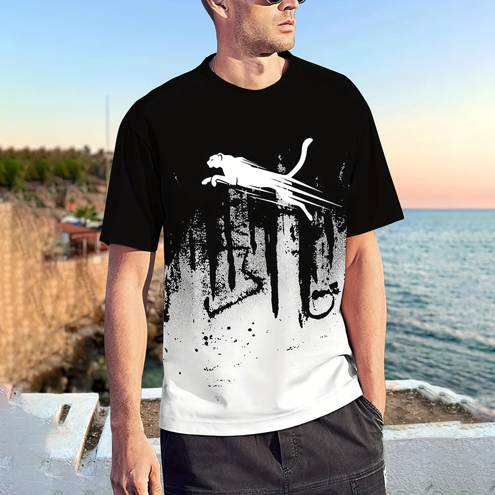 Casual Men's T-Shirt Color Contrast Print T-shirt Male Casual Loose Short Sleeved Tshirt Summer Outdoor Oversized Men Clothing