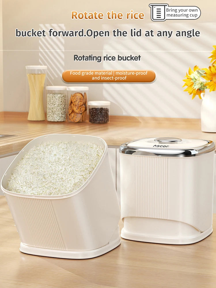 Seau à riz résistant à l'humidité, distributeur de grains rotatif, boîte de rangement de poudre de cuisine, boîte de stockage de riz anti-insectes pour la maison