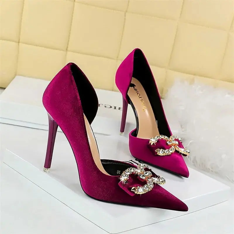 Mode femmes talon haut strass boucle arc vert rose bout pointu pompes de fête velours luxe élégant mariage chaussures de soirée