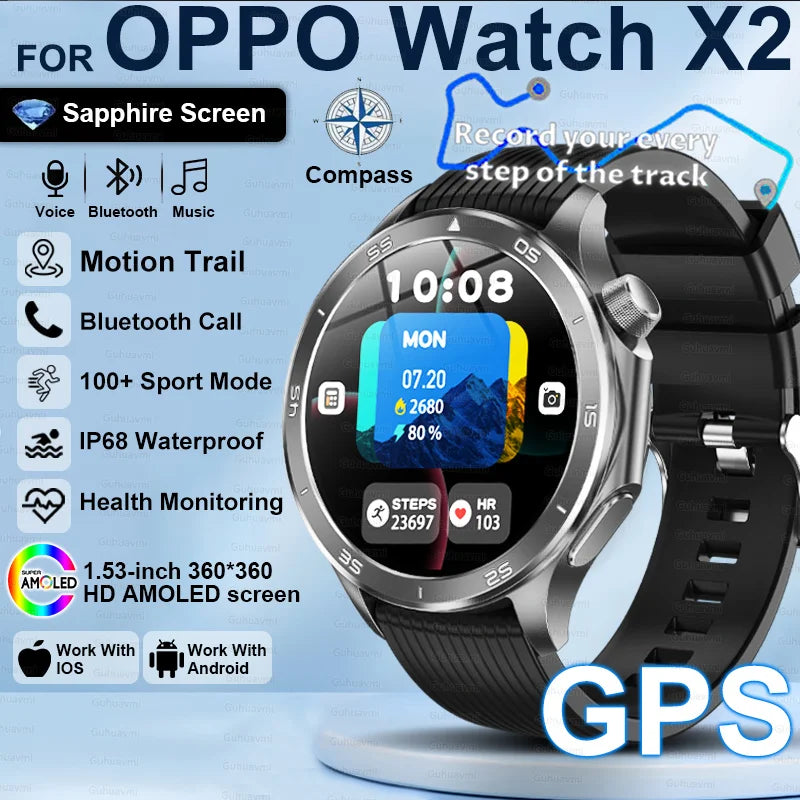 Pour OPPO X2 GPS montres intelligentes homme 360*360 AMOLED écran fréquence cardiaque Bluetooth appel IP68 étanche boussole sport Smartwatch 2025