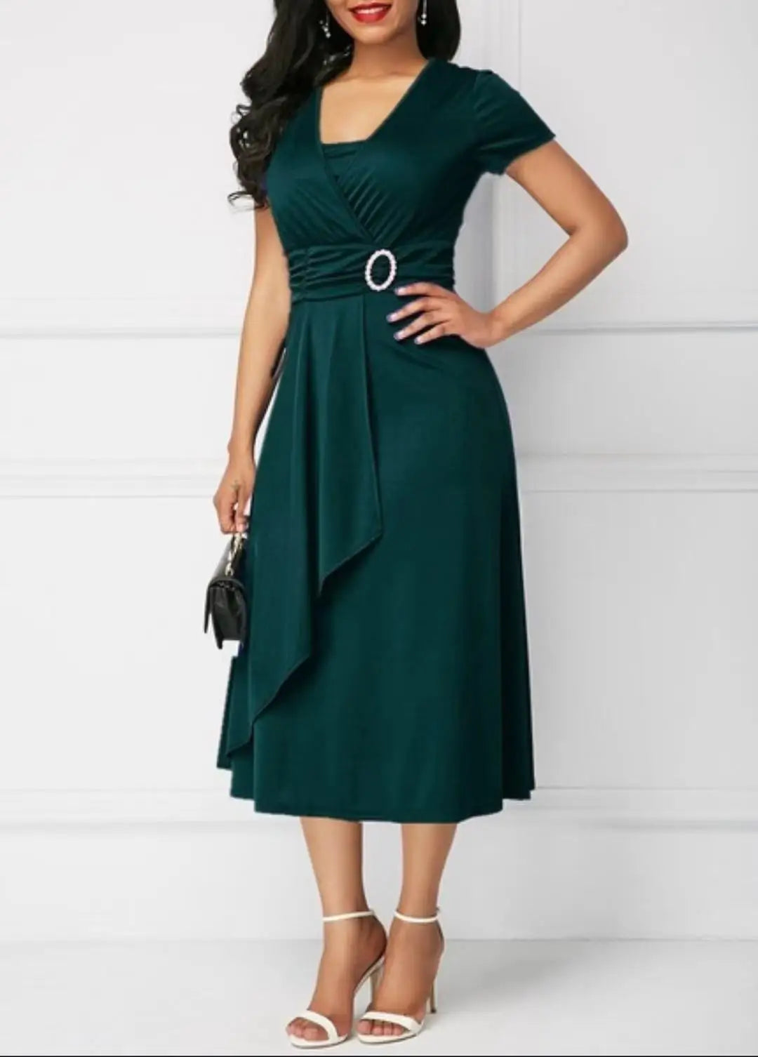 Robes d'été élégantes pour femmes, couleur unie, manches courtes, col en V, ourlet asymétrique, taille serrée, robe de soirée mi-longue pour dames