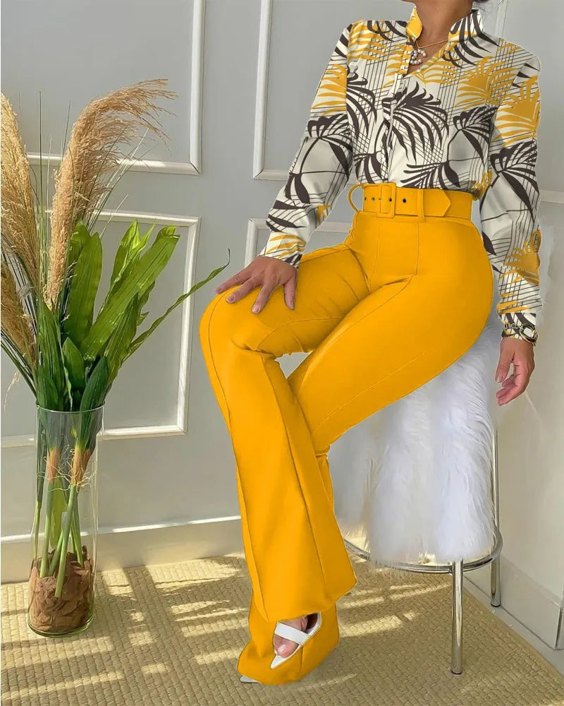 Ensemble 2 pièces pantalon et chemisier à ceinture pour femme, streetwear féminin, tenues décontractées, polyvalent, imbibé, mode, automne, hiver, nouveau, 2023