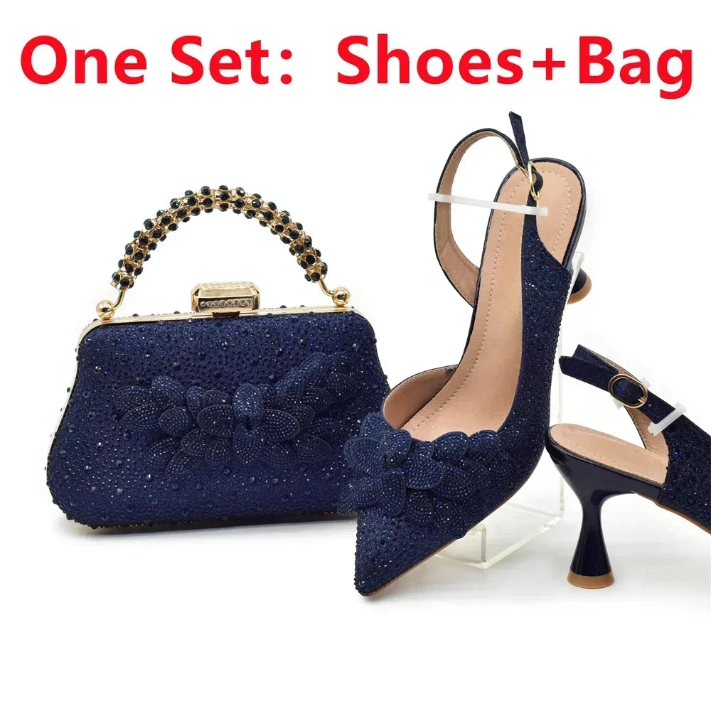 Ensemble de chaussures et de sacs italiens de luxe pour femmes, escarpins de mariage à bout pointu, talons hauts, strass, ensemble de chaussures et de sacs de fête pour dames