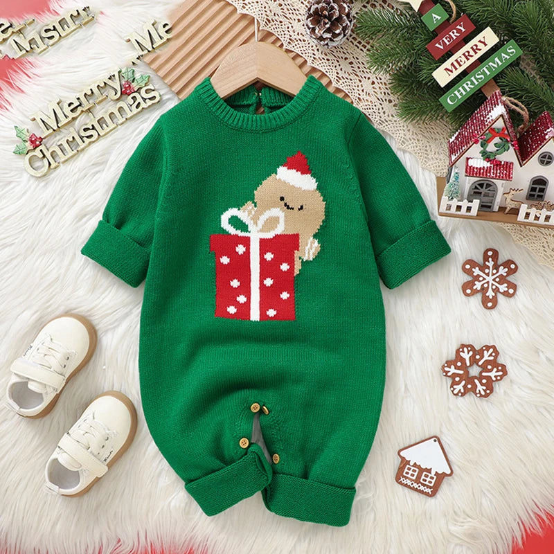2025 Combinaison de Noël unisexe pour bébé Vert Vêtements mignons pour nouveau-né Automne Hiver Garçons Filles Col rond Cadeau de Noël Body en tricot