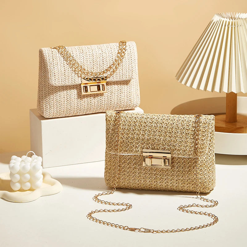 Sac à bandoulière en paille pour femmes, sac à bandoulière en chaîne tissé de grande capacité avec fermeture à boucle, pochette faite à la main