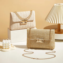 Sac à bandoulière en paille pour femmes, sac à bandoulière en chaîne tissé de grande capacité avec fermeture à boucle, pochette faite à la main