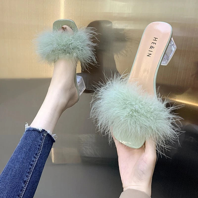 Pantoufles d'été à la mode pour femmes, bout ouvert, fourrure de renard en peluche, épaisses avec tongs, escarpins simples à bout carré pour Banquet à domicile, nouvelle collection
