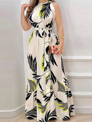 Robe d'été Sexy sans manches pour femmes, col suspendu, avec taille à lacets, jupe imprimée feuille de Lotus, longueur au sol, nouvelle collection