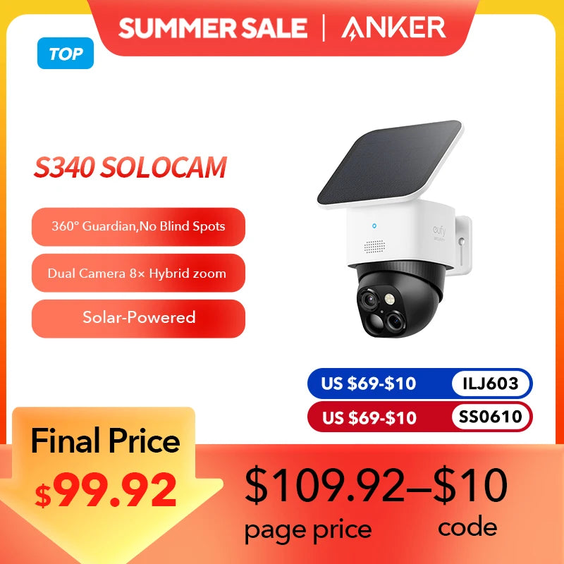 eufy SoloCam S340 Caméra de sécurité solaire Caméra extérieure sans fil 360 °   Surveillance sans points aveugles 2,4 GHz Wi-Fi sans frais mensuels