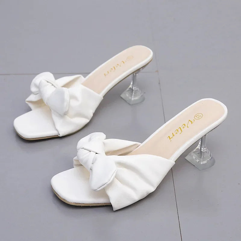 sandales femmes été chaussures femme luxe chaussures mariage pour Sandales d'été en cristal pour femmes, chaussures à talons avec nœud papillon, à bout ouvert, pantoufles carrées de styliste, à enfiler, pour la plage