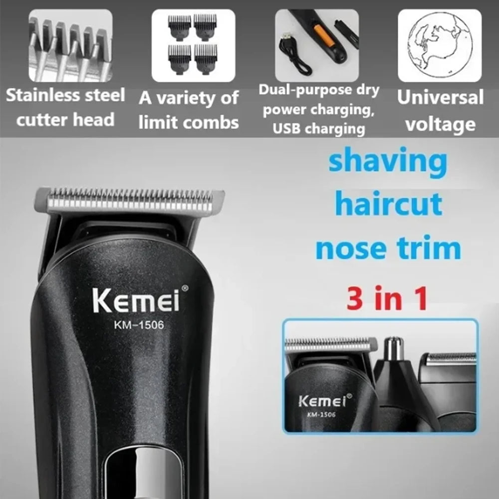 Kemei KM-1506 3 en 1 rasoir électrique coupe de cheveux charge tondeuse à cheveux électrique Rechargeable nez professionnel Machine à raser