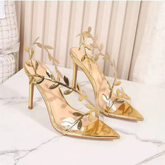 Sandales en cuir verni pour femmes, feuille d'or, élégantes, bout pointu, talons hauts fins, gladiateur, chaussures de fête, été 2024