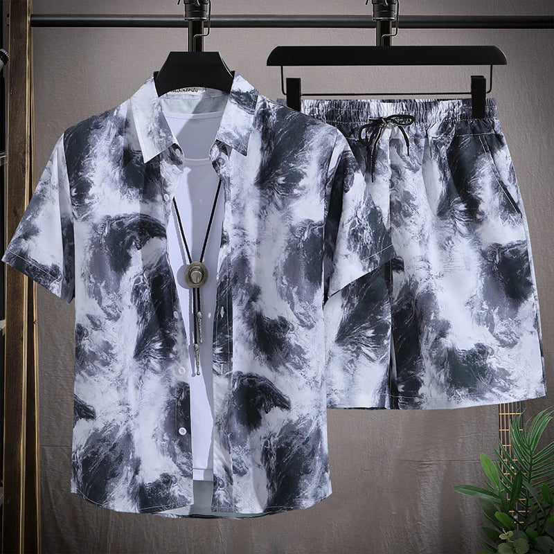 Ensemble de plage hawaïenne pour hommes Chemise à manches courtes à simple boutonnage et shorts Tenue de voyage décontractée pour vacances d’été