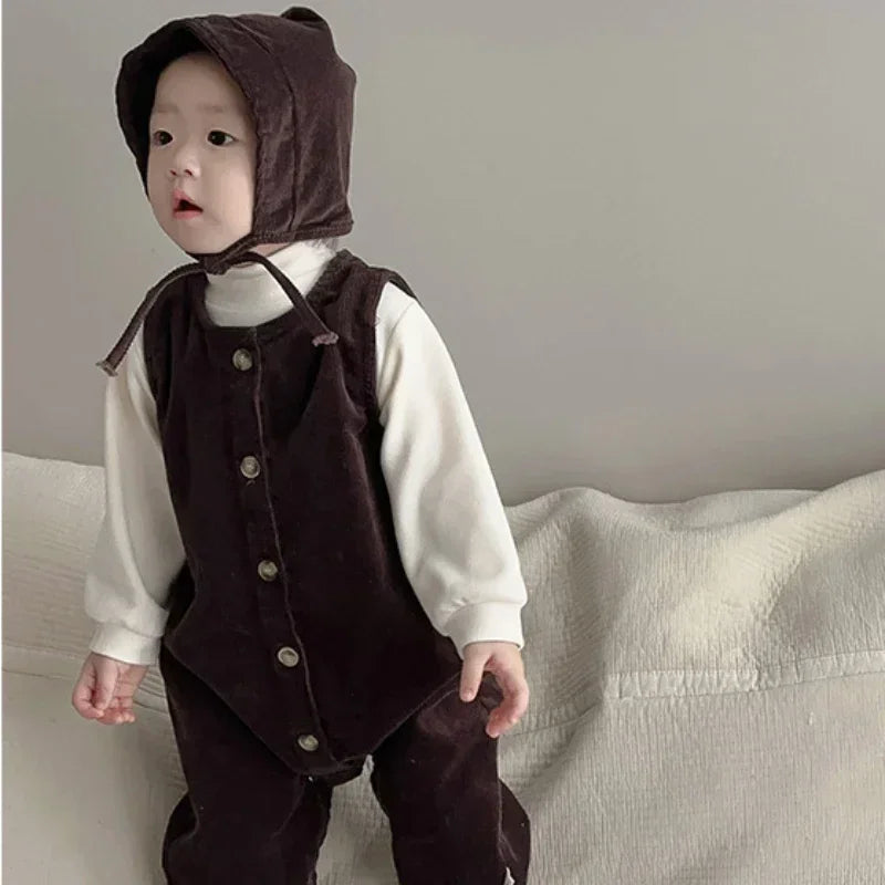 Ensemble barboteuse et chapeau en velours côtelé pour bébé garçon et fille, costume imbibé de glaçure pour tout-petits, vêtements d'automne et d'hiver